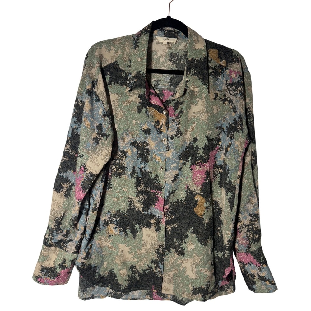 Entro Tiger Print Abstract Landscape Blouse Large Green Pink  Button Up
